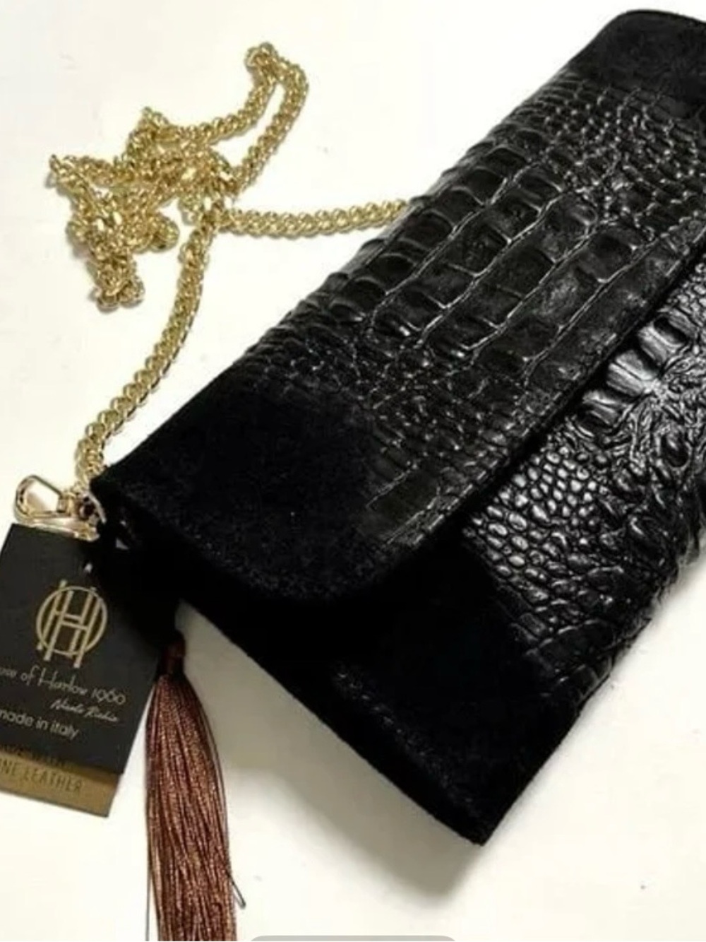 House of Harlow 1960 Black Croc-Embossed Chain Wristlet Clutch with Gold Chain